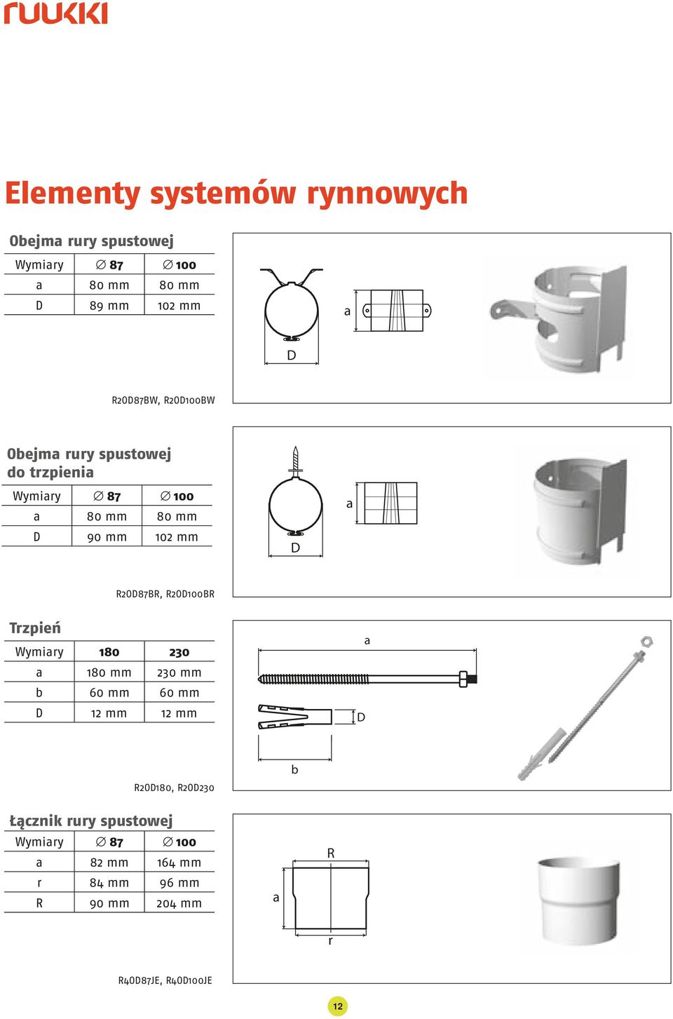 R2OD87BR, R2OD100BR Trzpień Wymiry 180 230 180 mm 230 mm 60 mm 60 mm D 12 mm 12 mm D R2OD180,