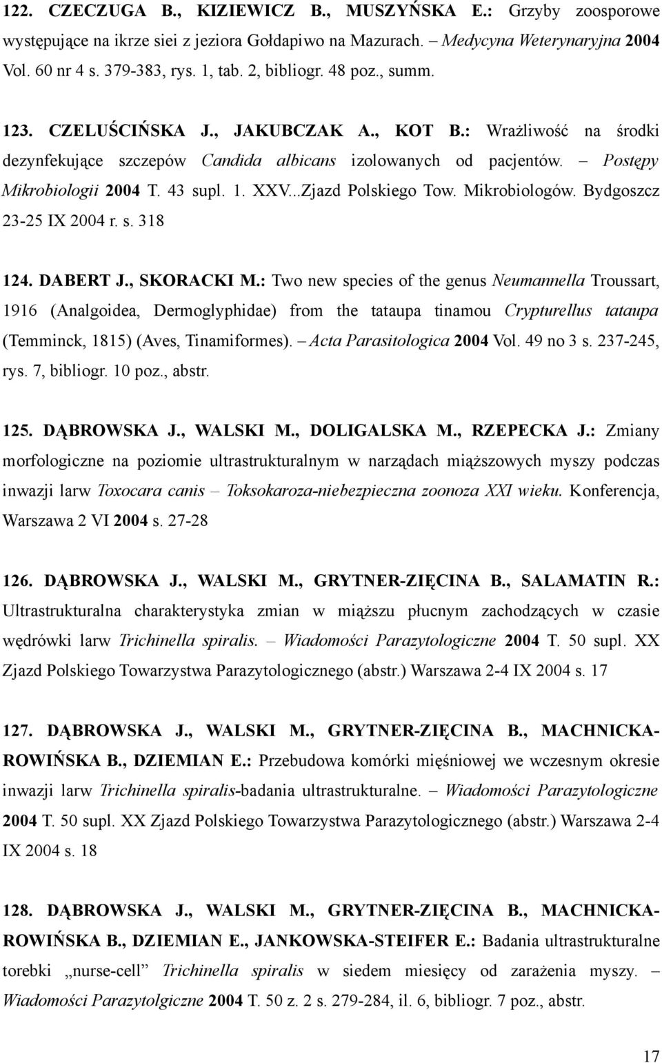 ..Zjazd Polskiego Tow. Mikrobiologów. Bydgoszcz 23-25 IX 2004 r. s. 318 124. DABERT J., SKORACKI M.