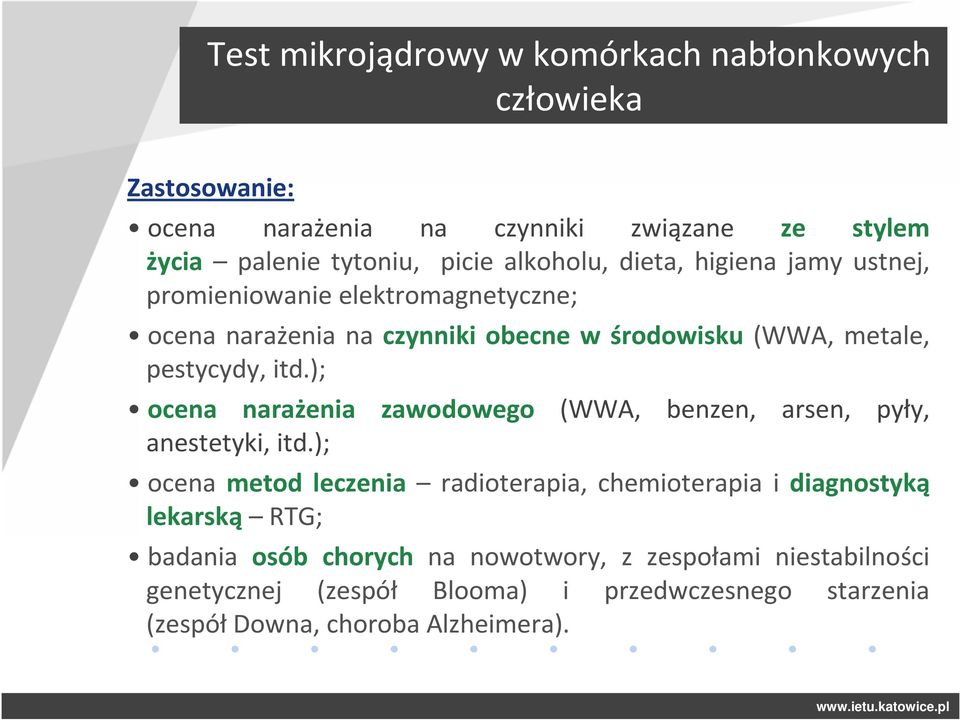 ); ocena narażenia zawodowego (WWA, benzen, arsen, pyły, anestetyki, itd.