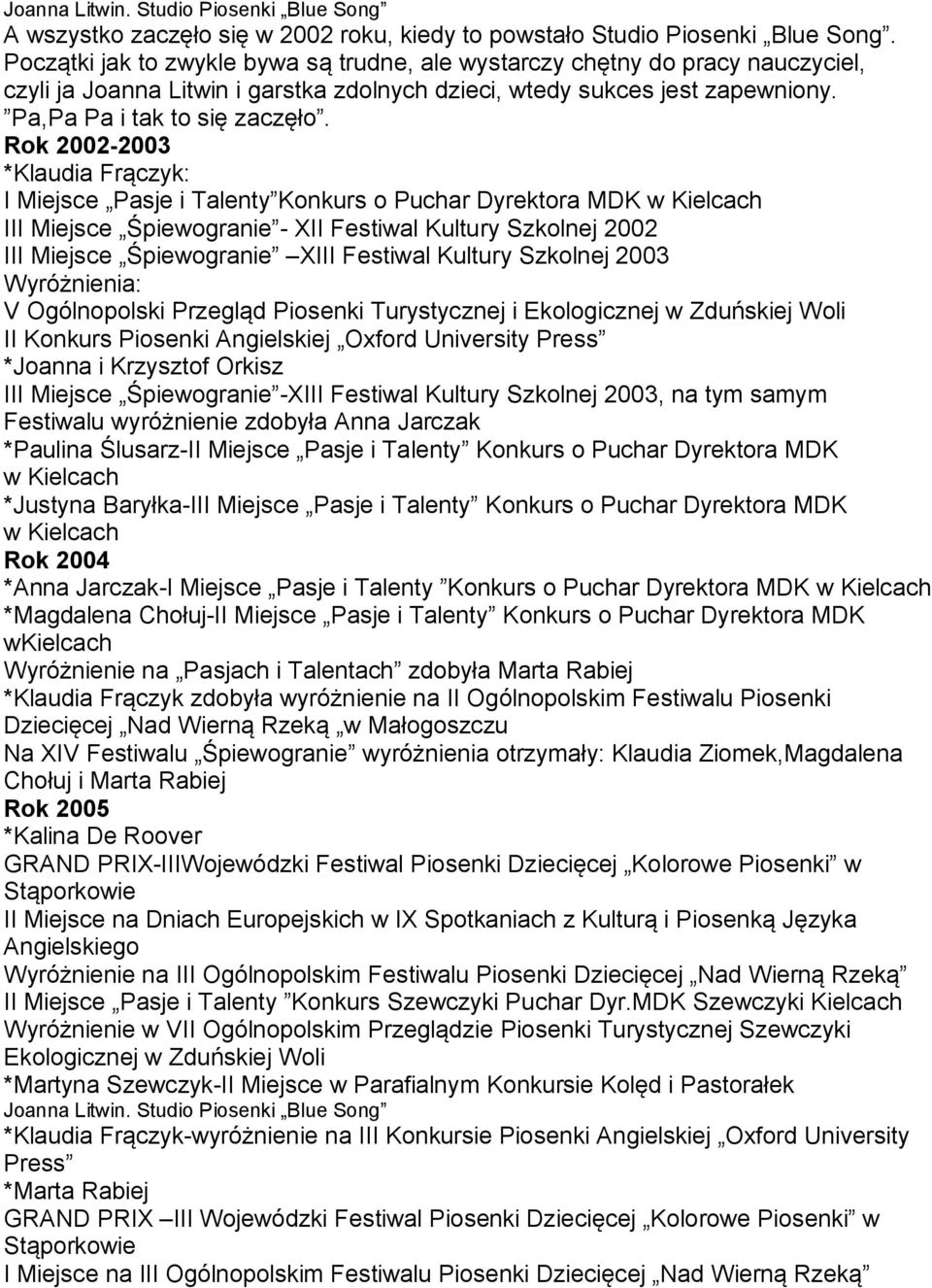 Rok 2002-2003 *Klaudia Frączyk: I Miejsce Pasje i Talenty Konkurs o Puchar Dyrektora MDK w Kielcach III Miejsce Śpiewogranie - XII Festiwal Kultury Szkolnej 2002 III Miejsce Śpiewogranie XIII