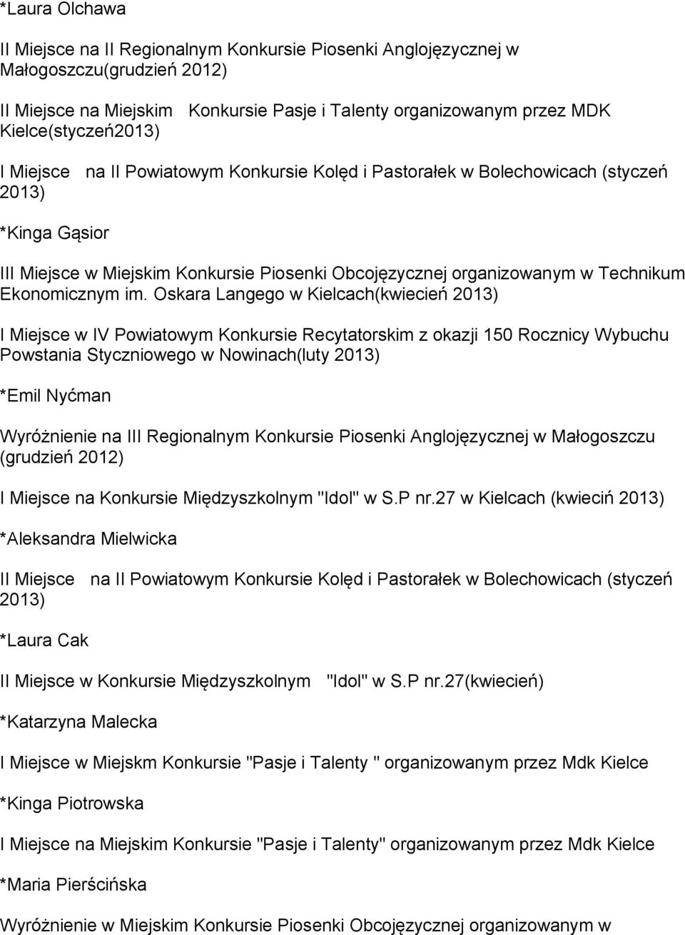 Oskara Langego w Kielcach(kwiecień 2013) I Miejsce w IV Powiatowym Konkursie Recytatorskim z okazji 150 Rocznicy Wybuchu Powstania Styczniowego w Nowinach(luty 2013) *Emil Nyćman Wyróżnienie na III