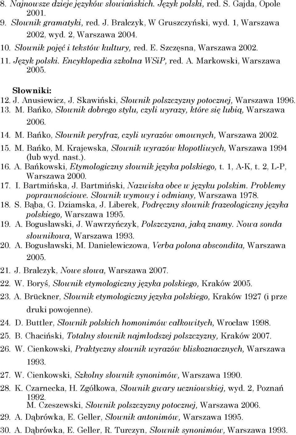 Skawiński, Słownik polszczyzny potocznej, Warszawa 1996. 13. M. Bańko, Słownik dobrego stylu, czyli wyrazy, które się lubią, Warszawa 2006. 14. M. Bańko, Słownik peryfraz, czyli wyrazów omownych, Warszawa 2002.
