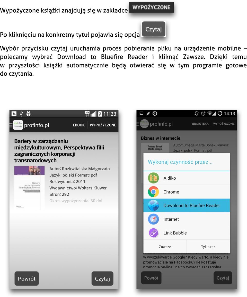 mobilne polecamy wybrać Download to Bluefire Reader i kliknąć Zawsze.