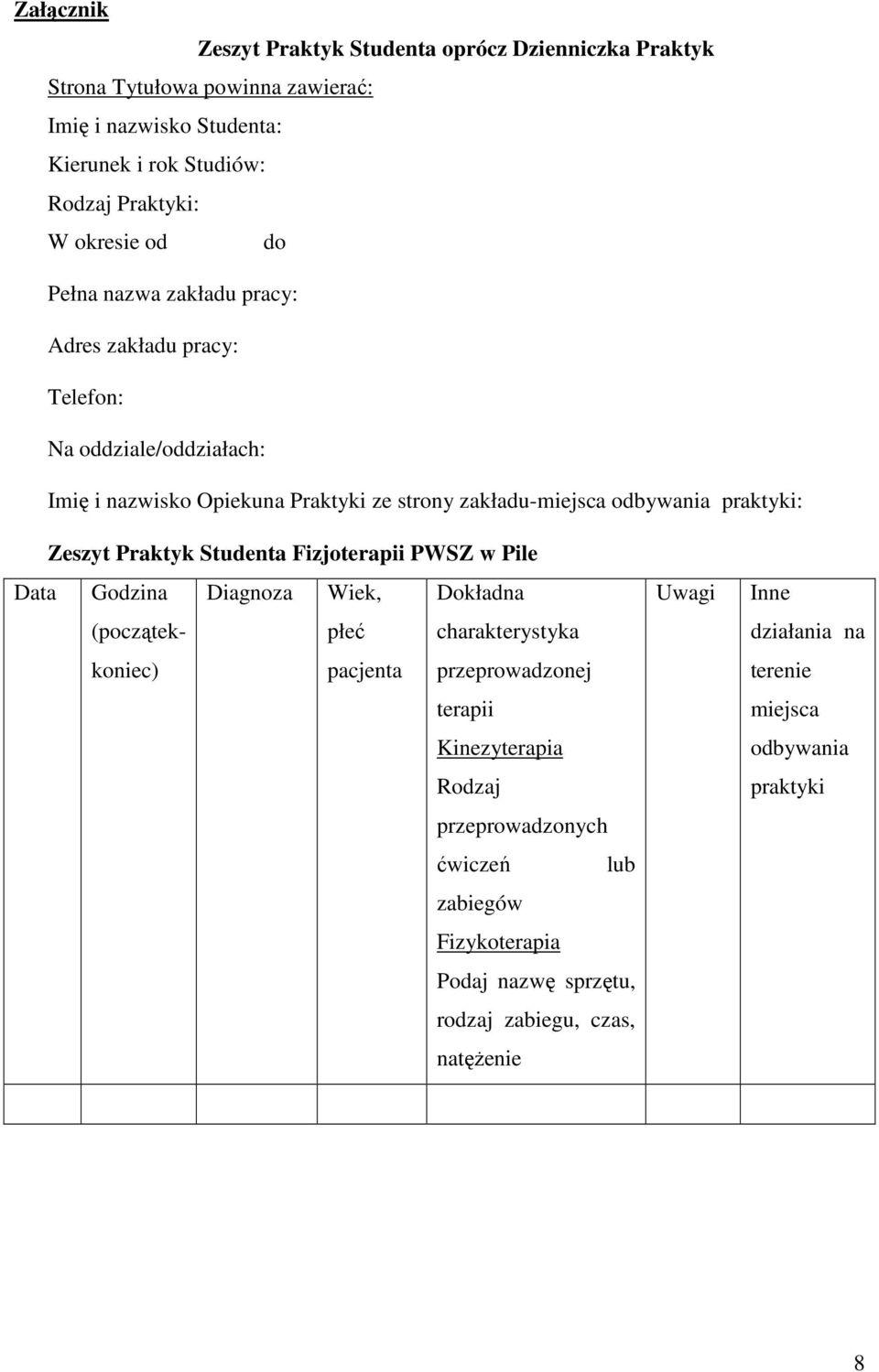 praktyki: Zeszyt Praktyk Studenta Fizjoterapii PWSZ w Pile Data Godzina (początekkoniec) Diagnoza Wiek, płeć pacjenta Dokładna charakterystyka przeprowadzonej terapii