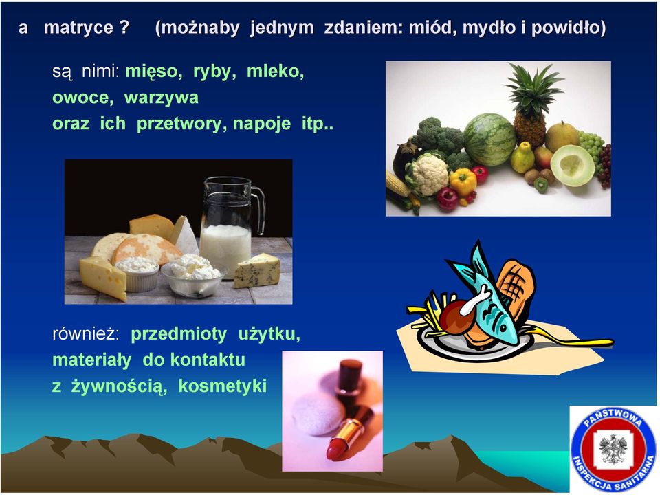 nimi: mięso, ryby, mleko, owoce, warzywa oraz ich