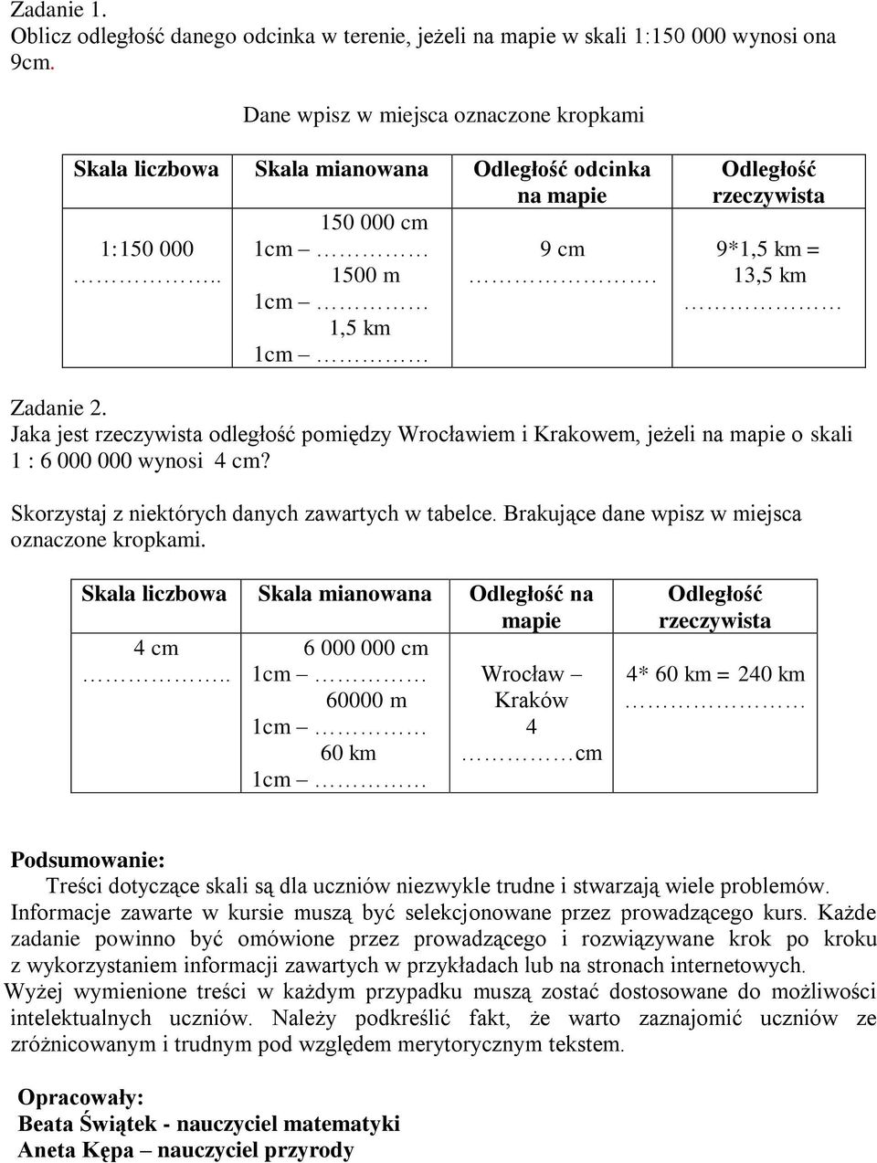 Jaka jest rzeczywista odległość pomiędzy Wrocławiem i Krakowem, jeżeli na mapie o skali 1 : 6 000 000 wynosi 4 cm? Skorzystaj z niektórych danych zawartych w tabelce.