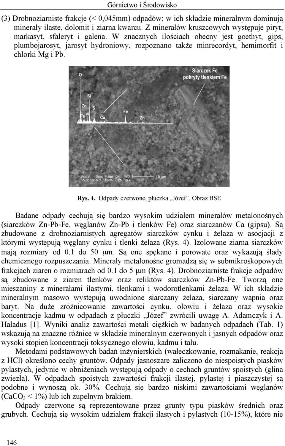 W znacznych ilościach obecny jest goethyt, gips, plumbojarosyt, jarosyt hydroniowy, rozpoznano także minrecordyt, hemimorfit i chlorki Mg i Pb. Rys. 4. Odpady czerwone, płuczka Józef.