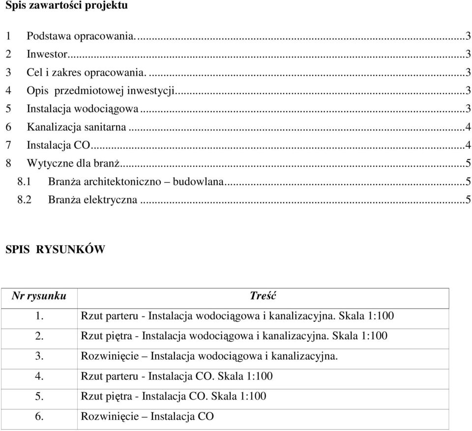 .. 5 SPIS RYSUNKÓW Nr rysunku Treść 1. Rzut parteru - Instalacja wodociągowa i kanalizacyjna. Skala 1:100 2. Rzut piętra - Instalacja wodociągowa i kanalizacyjna.