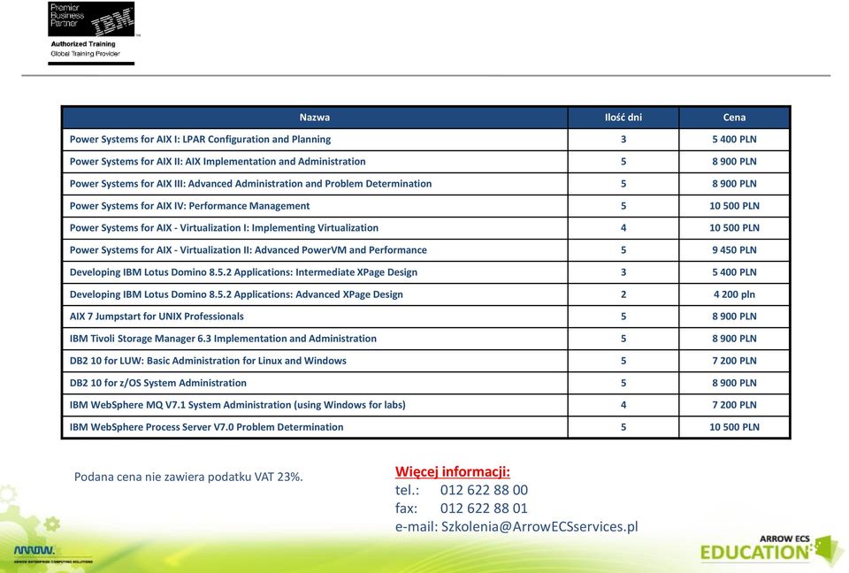 AIX - Virtualization II: Advanced PowerVM and Performance 5 9 450 PLN Developing IBM Lotus Domino 8.5.2 Applications: Intermediate XPage Design 3 5 400 PLN Developing IBM Lotus Domino 8.5.2 Applications: Advanced XPage Design 2 4 200 pln AIX 7 Jumpstart for UNIX Professionals 5 8 900 PLN IBM Tivoli Storage Manager 6.