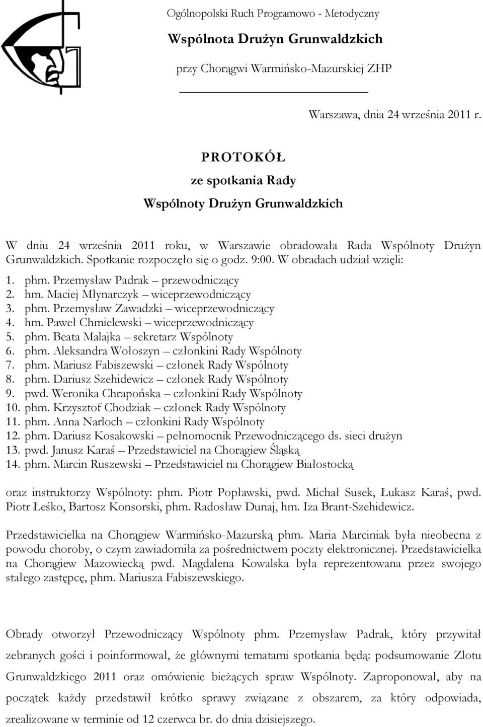 W obradach udział wzięli: 1. phm. Przemysław Padrak przewodniczący 2. hm. Maciej Młynarczyk wiceprzewodniczący 3. phm. Przemysław Zawadzki wiceprzewodniczący 4. hm. Paweł Chmielewski wiceprzewodniczący 5.