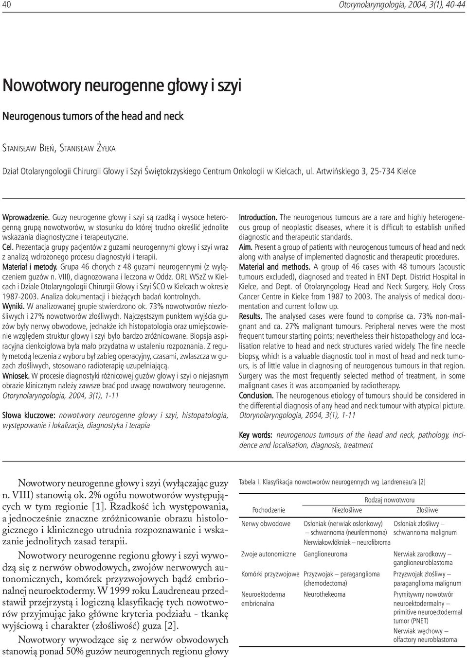 Guzy neurogenne g³owy i szyi s¹ rzadk¹ i wysoce heterogenn¹ grup¹ nowotworów, w stosunku do której trudno okreœliæ jednolite wskazania diagnostyczne i terapeutyczne. Cel.