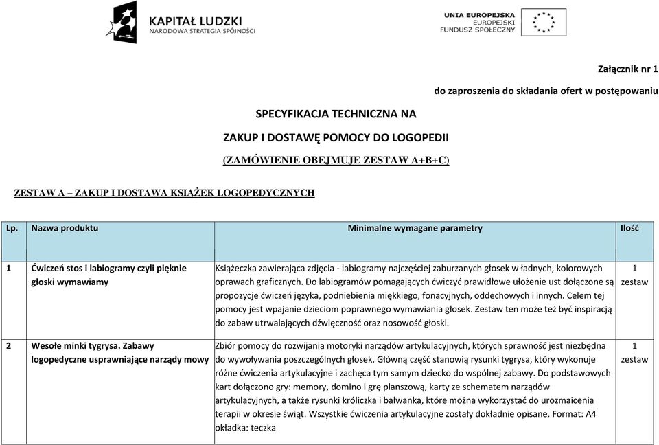 Nazwa produktu Minimalne wymagane parametry Ilość Ćwiczeń stos i labiogramy czyli pięknie głoski wymawiamy Książeczka zawierająca zdjęcia - labiogramy najczęściej zaburzanych głosek w ładnych,