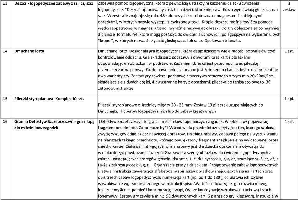 48 kolorowych kropli deszczu z magnesami i naklejonymi obrazkami, w których nazwie występują ćwiczone głoski.