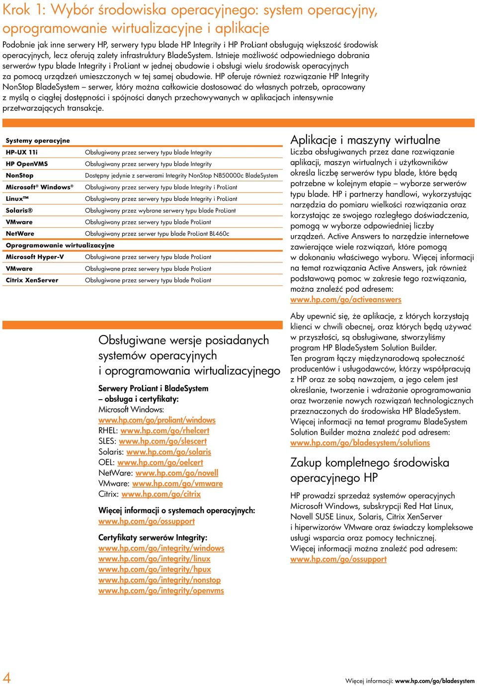 Istnieje możliwość odpowiedniego dobrania serwerów typu blade Integrity i ProLiant w jednej obudowie i obsługi wielu środowisk operacyjnych za pomocą urządzeń umieszczonych w tej samej obudowie.