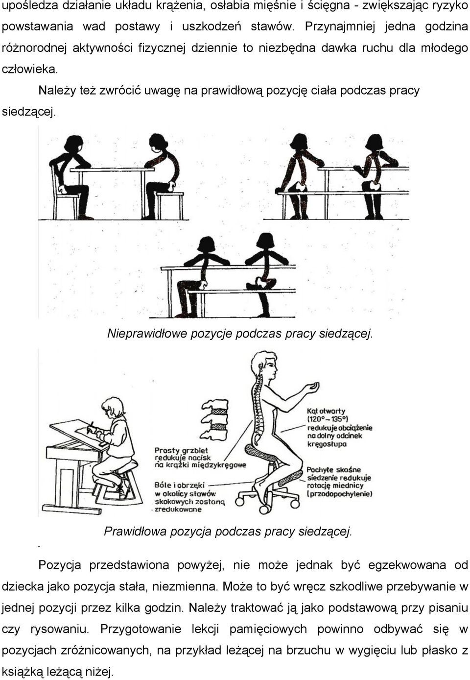 Nieprawidłowe pozycje podczas pracy siedzącej. Prawidłowa pozycja podczas pracy siedzącej. Pozycja przedstawiona powyżej, nie może jednak być egzekwowana od dziecka jako pozycja stała, niezmienna.