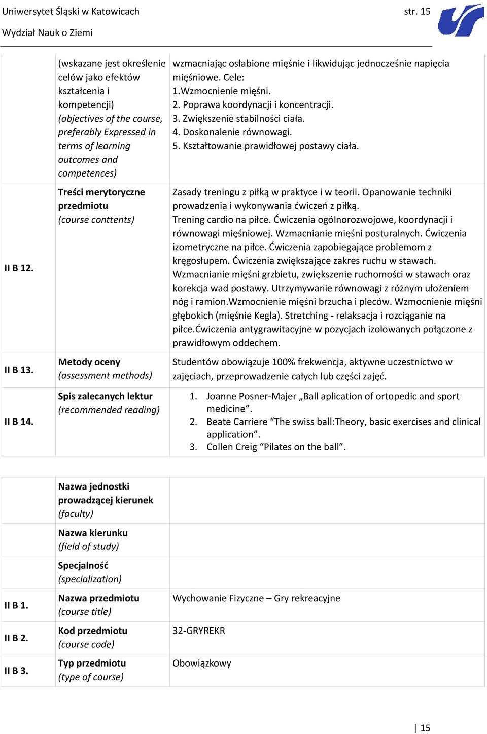 (course conttents) Metody oceny (assessment methods) Spis zalecanych lektur (recommended reading) wzmacniając osłabione mięśnie i likwidując jednocześnie napięcia mięśniowe. Cele: 1.