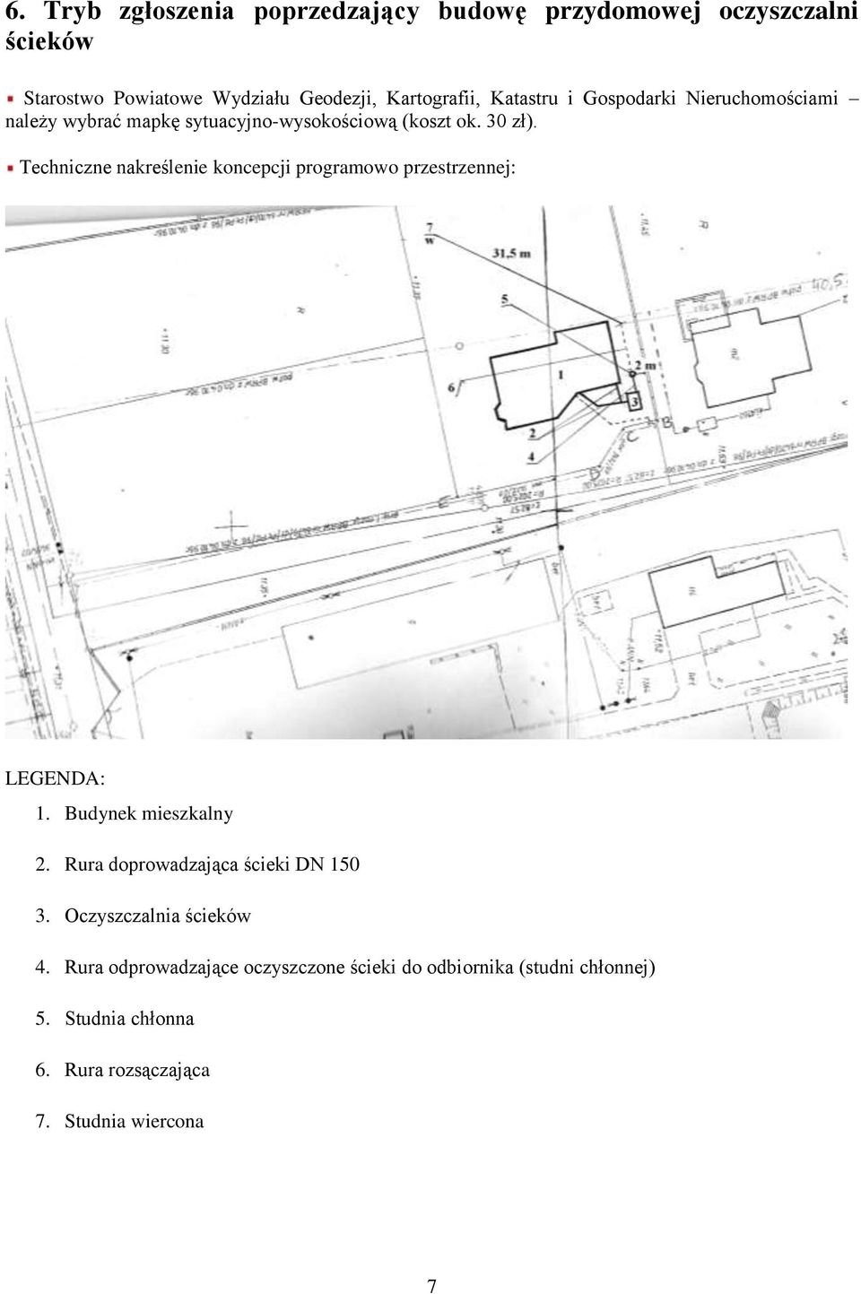 Techniczne nakreślenie koncepcji programowo przestrzennej: LEGENDA: 1. Budynek mieszkalny 2. Rura doprowadzająca ścieki DN 150 3.