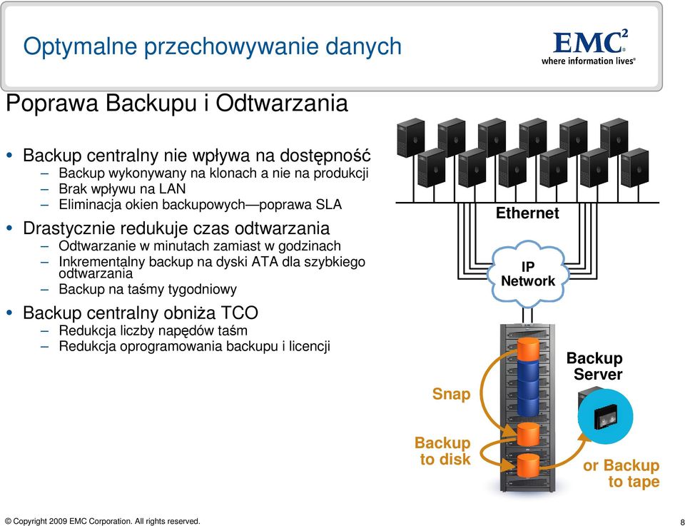 zamiast w godzinach Inkrementalny backup na dyski ATA dla szybkiego odtwarzania Backup na taśmy tygodniowy Backup centralny obniŝa TCO