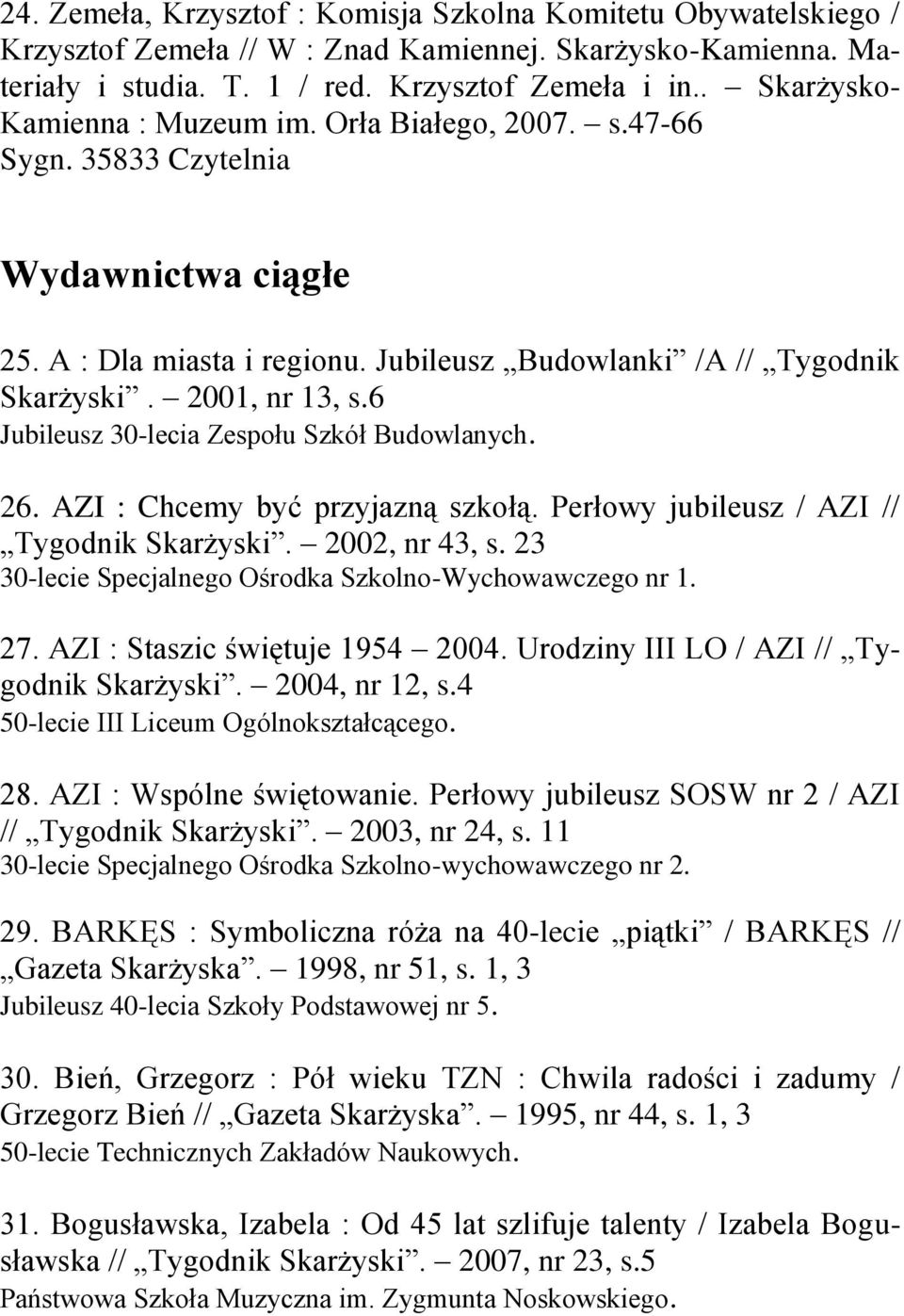 6 Jubileusz 30-lecia Zespołu Szkół Budowlanych. 26. AZI : Chcemy być przyjazną szkołą. Perłowy jubileusz / AZI // Tygodnik Skarżyski. 2002, nr 43, s.
