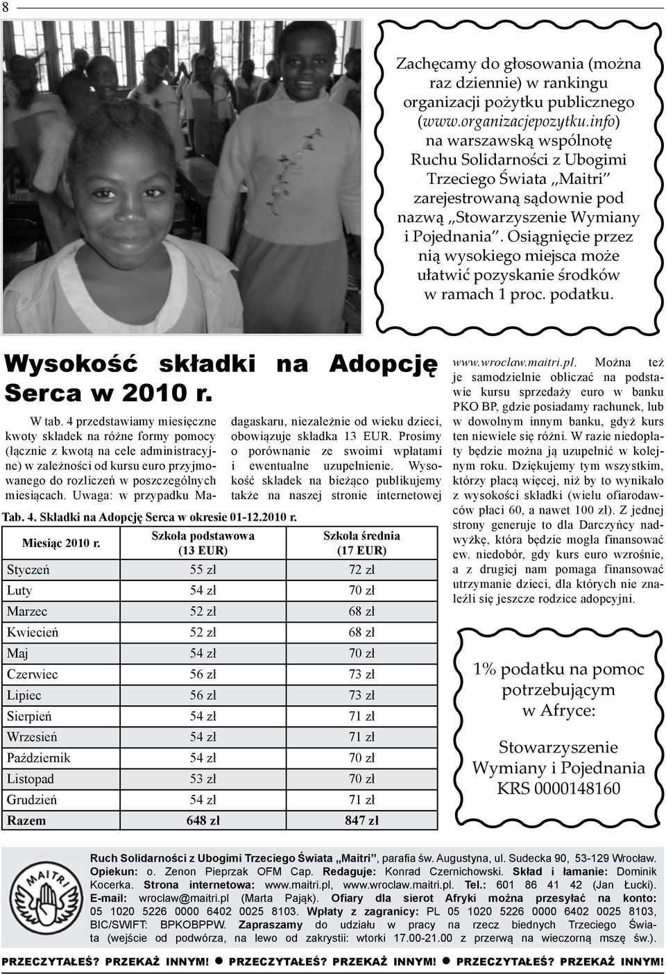 Osiągnięcie przez nią wysokiego miejsca może ułatwić pozyskanie środków w ramach 1 proc. podatku. Wysokość składki na Adopcję Serca w 2010 r. W tab.