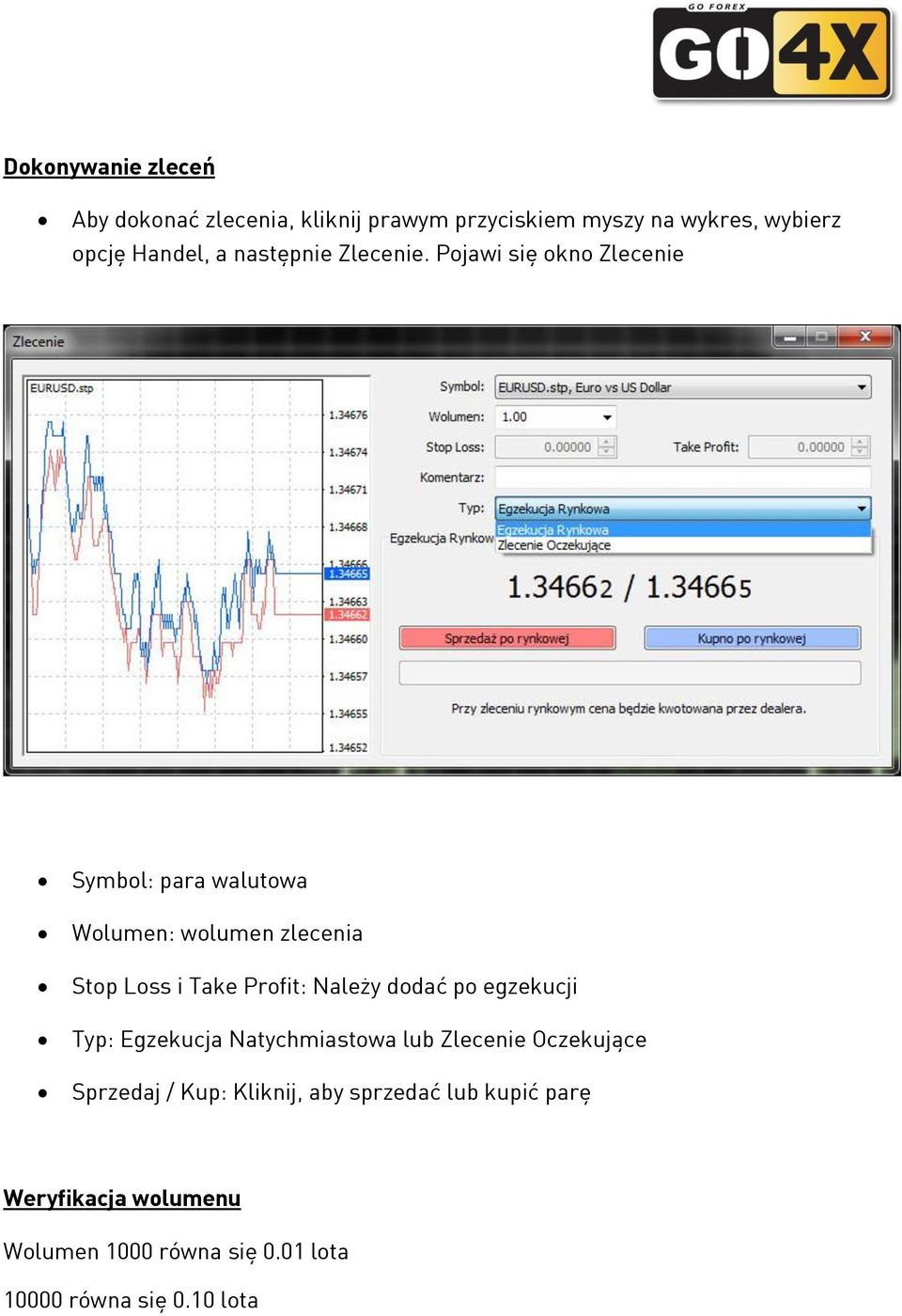 Pojawi się okno Zlecenie Symbol: para walutowa Wolumen: wolumen zlecenia Stop Loss i Take Profit: Należy