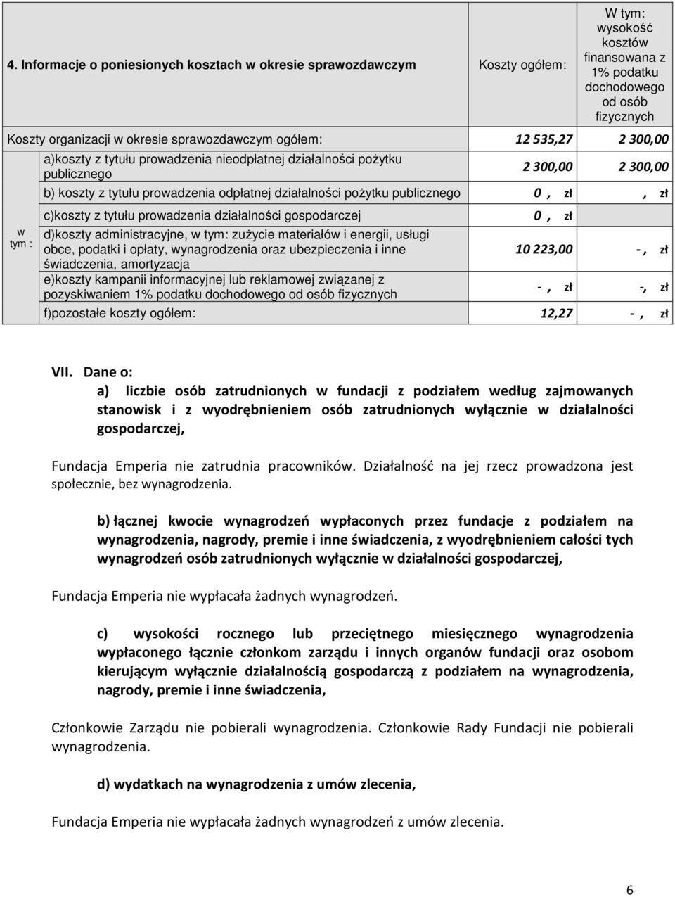 pożytku publicznego 0, zł, zł c)koszty z tytułu prowadzenia działalności gospodarczej d)koszty administracyjne, w tym: zużycie materiałów i energii, usługi obce, podatki i opłaty, wynagrodzenia oraz