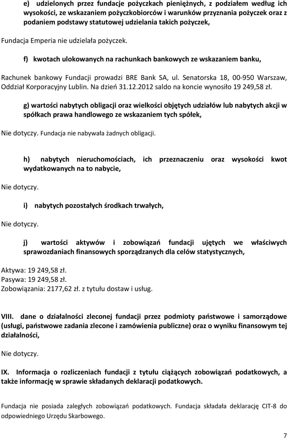 Senatorska 18, 00-950 Warszaw, Oddział Korporacyjny Lublin. Na dzień 31.12.2012 saldo na koncie wynosiło 19 249,58 zł.