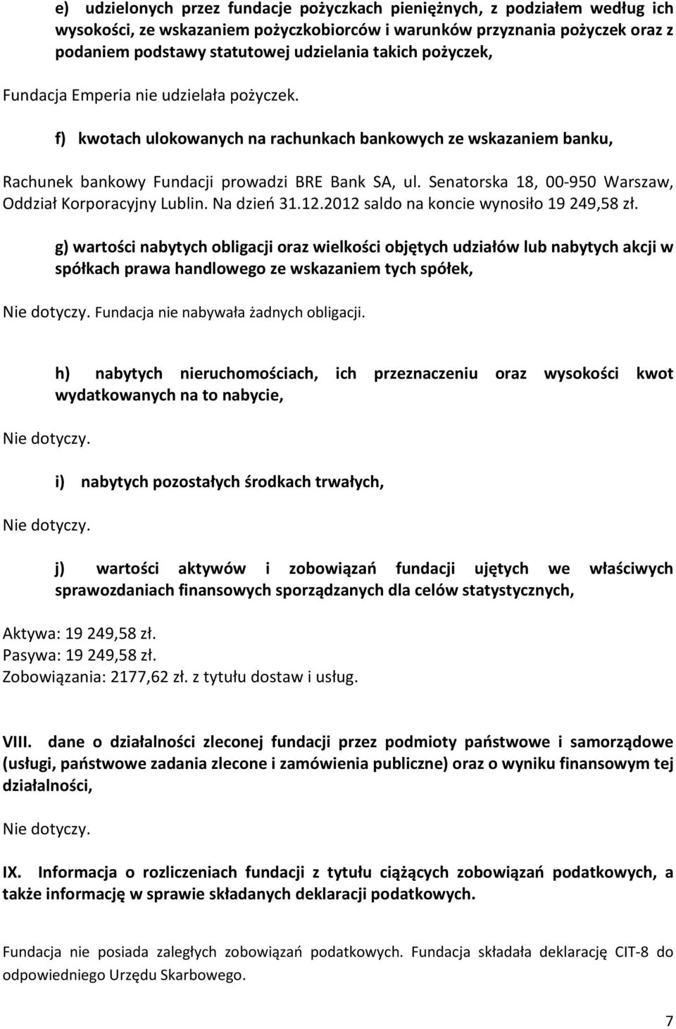 Senatorska 18, 00-950 Warszaw, Oddział Korporacyjny Lublin. Na dzień 31.12.2012 saldo na koncie wynosiło 19 249,58 zł.