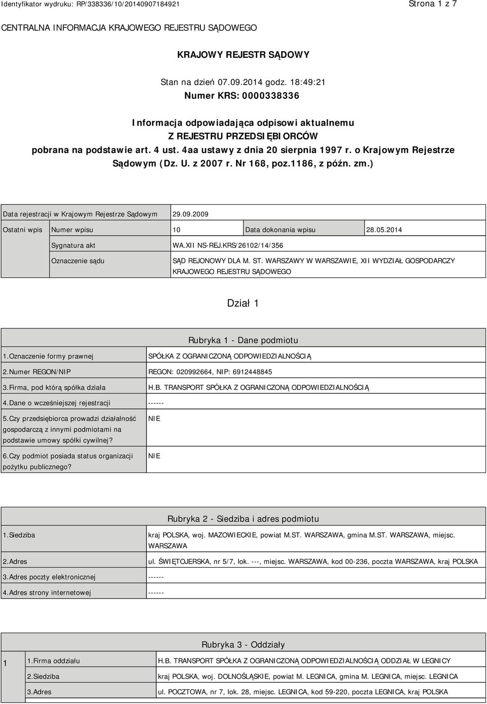 o Krajowym Rejestrze Sądowym (Dz. U. z 2007 r. Nr 168, poz.1186, z późn. zm.) Data rejestracji w Krajowym Rejestrze Sądowym 29.09.2009 Ostatni wpis Numer wpisu 10 Data dokonania wpisu 28.05.