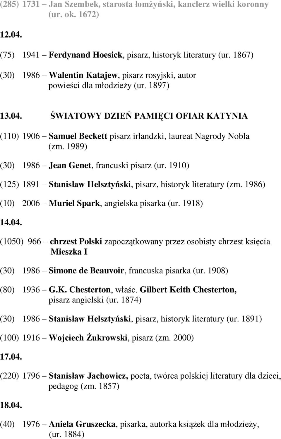 ŚWIATOWY DZIEŃ PAMIĘCI OFIAR KATYNIA (110) 1906 Samuel Beckett pisarz irlandzki, laureat Nagrody Nobla (zm. 1989) (30) 1986 Jean Genet, francuski pisarz (ur.