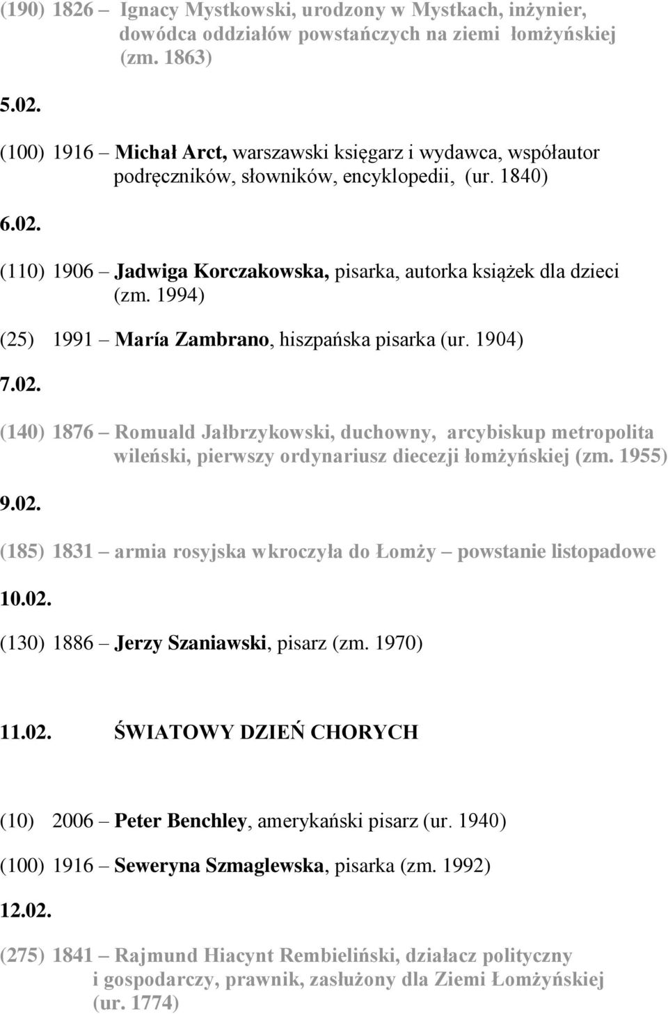 1994) (25) 1991 María Zambrano, hiszpańska pisarka (ur. 1904) 7.02. (140) 1876 Romuald Jałbrzykowski, duchowny, arcybiskup metropolita wileński, pierwszy ordynariusz diecezji łomżyńskiej (zm. 1955) 9.