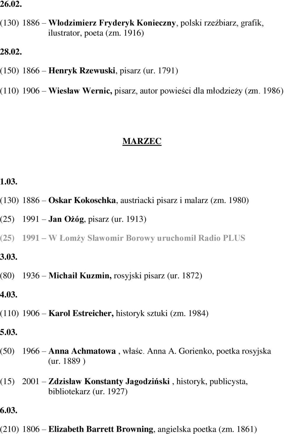 1913) (25) 1991 W Łomży Sławomir Borowy uruchomił Radio PLUS 3.03. (80) 1936 Michaił Kuzmin, rosyjski pisarz (ur. 1872) 4.03. (110) 1906 Karol Estreicher, historyk sztuki (zm. 1984) 5.03. (50) 1966 Anna Achmatowa, właśc.
