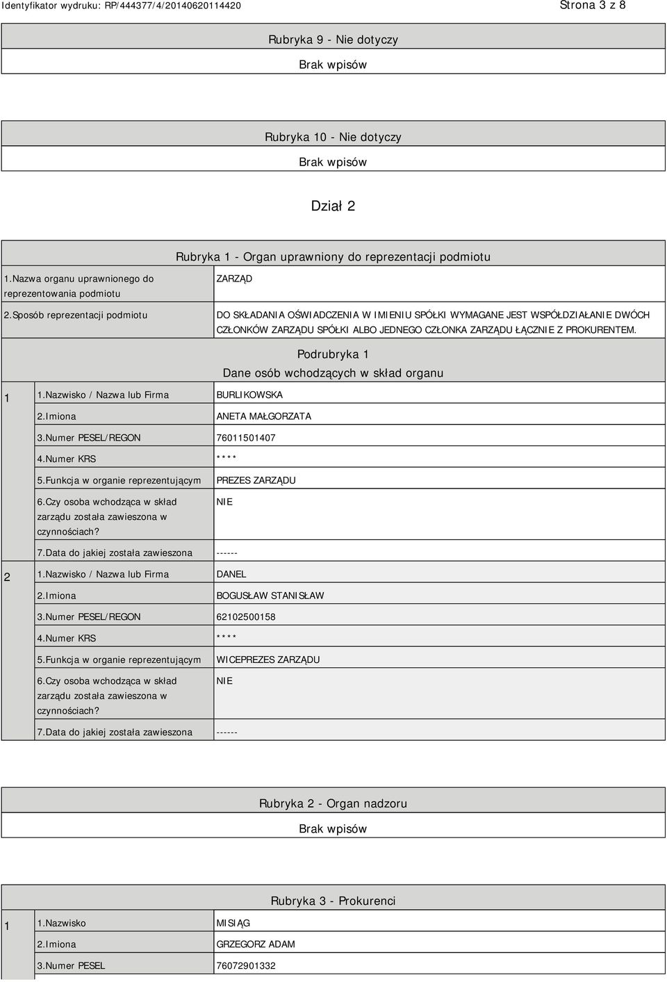 Nazwisko / Nazwa lub Firma BURLIKOWSKA Podrubryka 1 Dane osób wchodzących w skład organu 2.Imiona ANETA MAŁGORZATA 3.Numer PESEL/REGON 76011501407 4.Numer KRS **** 5.