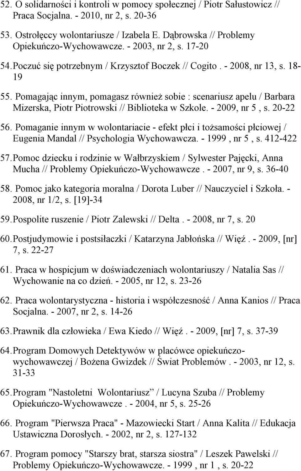 Pomagając innym, pomagasz również sobie : scenariusz apelu / Barbara Mizerska, Piotr Piotrowski // Biblioteka w Szkole. - 2009, nr 5, s. 20-22 56.