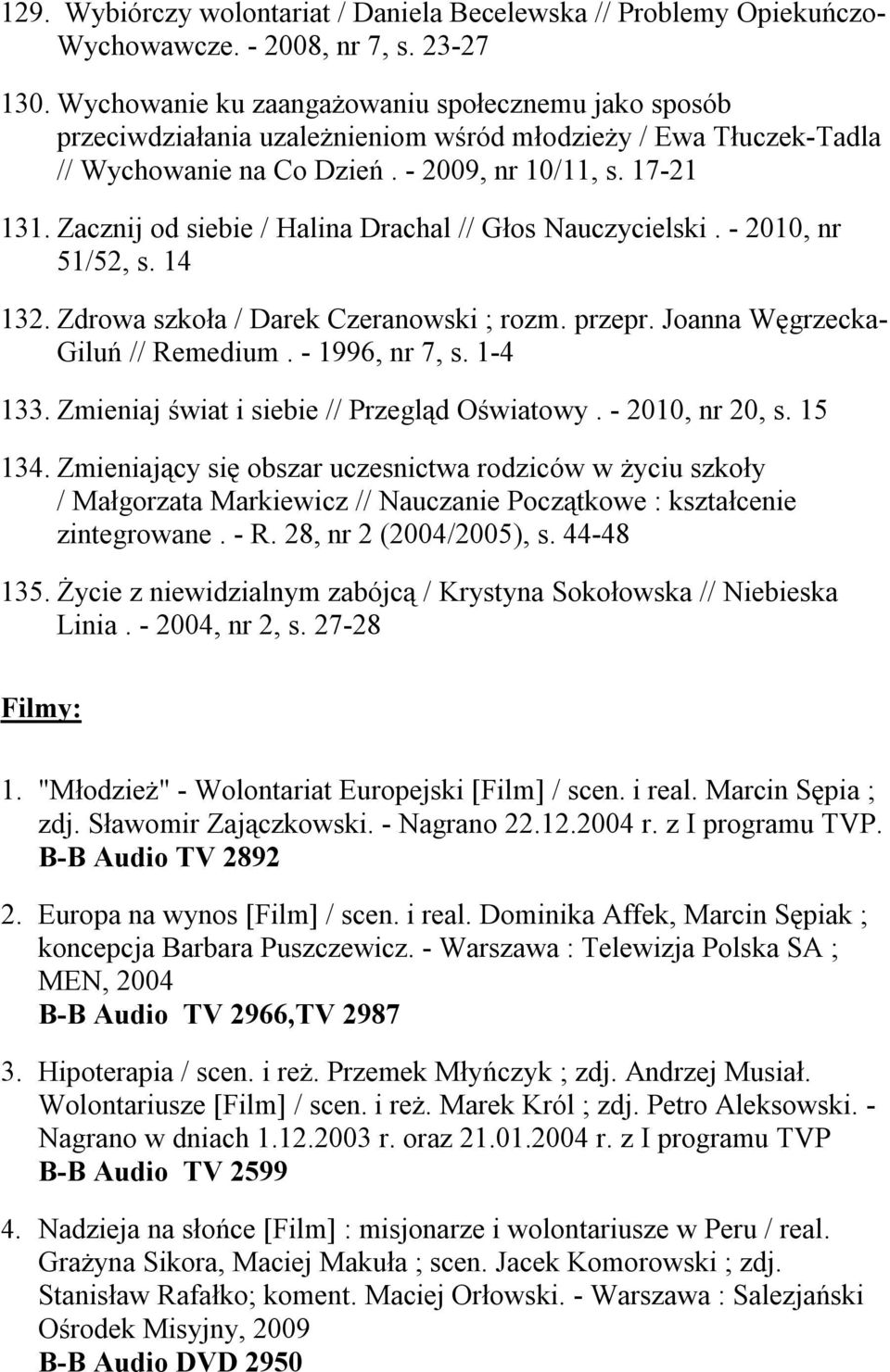 Zacznij od siebie / Halina Drachal // Głos Nauczycielski. - 2010, nr 51/52, s. 14 132. Zdrowa szkoła / Darek Czeranowski ; rozm. przepr. Joanna Węgrzecka- Giluń // Remedium. - 1996, nr 7, s. 1-4 133.