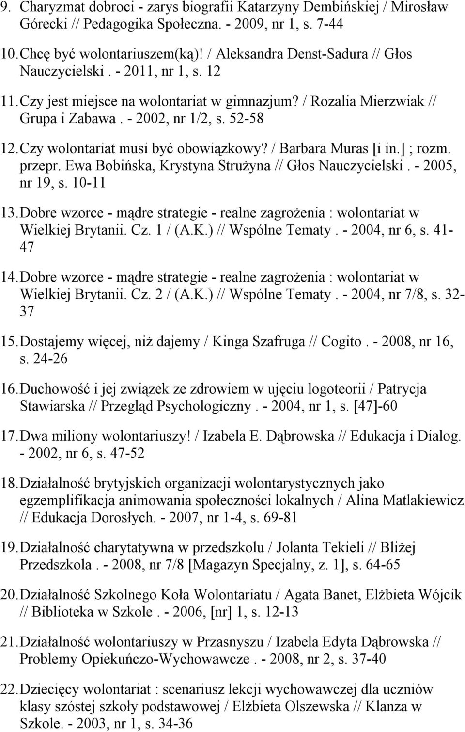 Czy wolontariat musi być obowiązkowy? / Barbara Muras [i in.] ; rozm. przepr. Ewa Bobińska, Krystyna Strużyna // Głos Nauczycielski. - 2005, nr 19, s. 10-11 13.