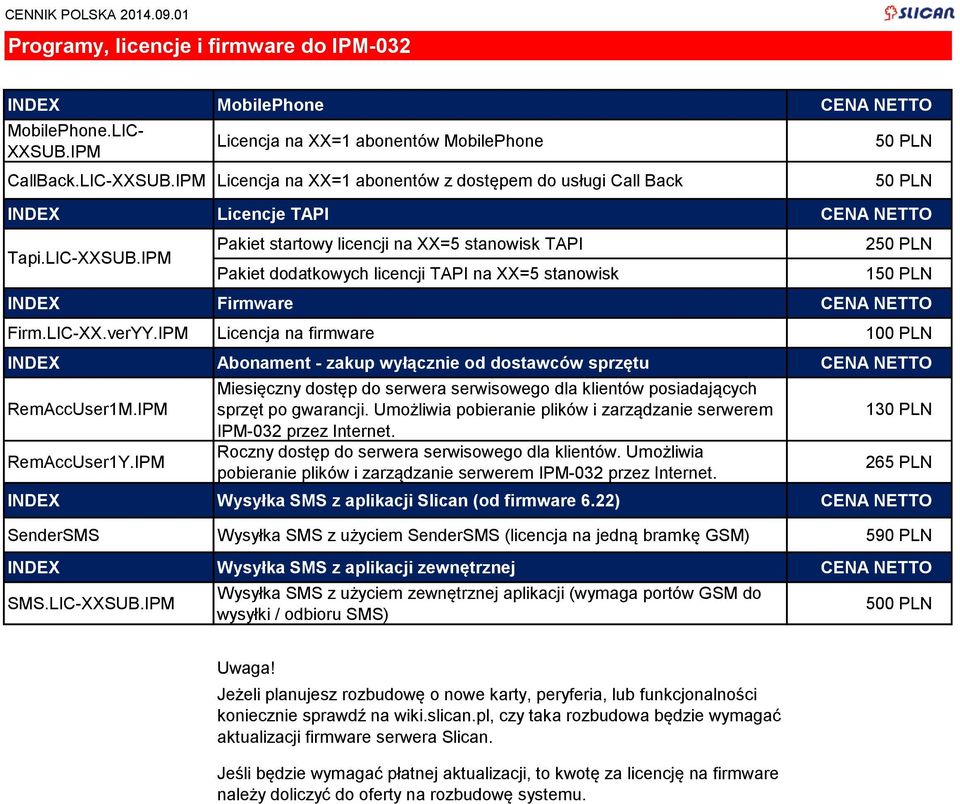IPM Pakiet startowy licencji na XX=5 stanowisk TAPI Pakiet dodatkowych licencji TAPI na XX=5 stanowisk 2 1 INDEX Firmware CENA NETTO Firm.LIC-XX.verYY.