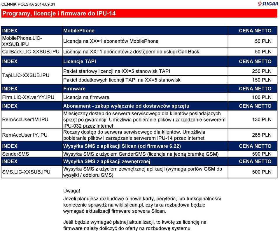 IPU Pakiet startowy licencji na XX=5 stanowisk TAPI Pakiet dodatkowych licencji TAPI na XX=5 stanowisk 2 1 INDEX Firmware CENA NETTO Firm.LIC-XX.verYY.