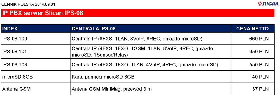 101 Centrala IP (4FXS, 1FXO, 1GSM, 1LAN, 8VoIP, 8REC, gniazdo microsd, 1Sensor/Relay) 9 IPS-08.
