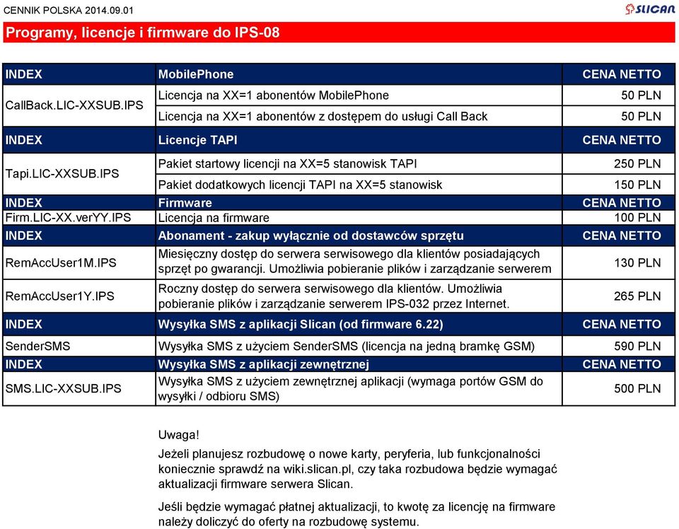 IPS Pakiet startowy licencji na XX=5 stanowisk TAPI Pakiet dodatkowych licencji TAPI na XX=5 stanowisk 2 1 INDEX Firmware CENA NETTO Firm.LIC-XX.verYY.