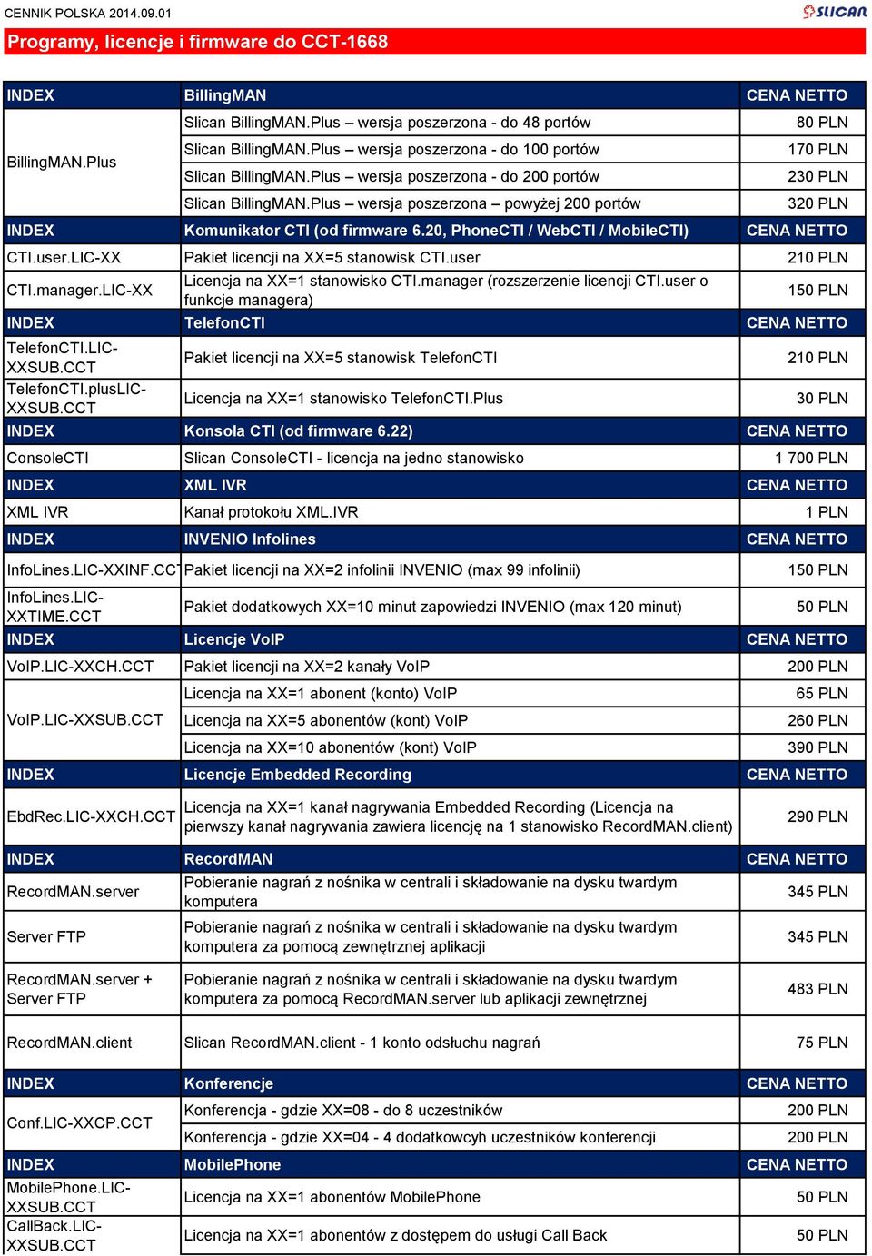 Plus wersja poszerzona powyżej 200 portów 80 PLN 170 PLN 230 PLN 320 PLN INDEX Komunikator CTI (od firmware 6.20, PhoneCTI / WebCTI / MobileCTI) CENA NETTO CTI.user.