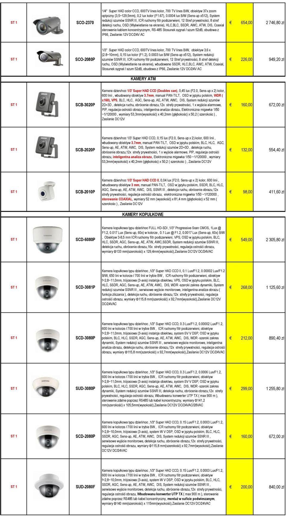 DIS, Coaxial sterowanie kablem koncentrycznym, RS-485 Stosunek sygnał / szum 52dB, obudowa z IP66, Zasilanie:12V DC/24V AC 654,00 2 746,80 zł SCO-2080P 1/3" Super HAD color CCD, 600TV lines kolor,