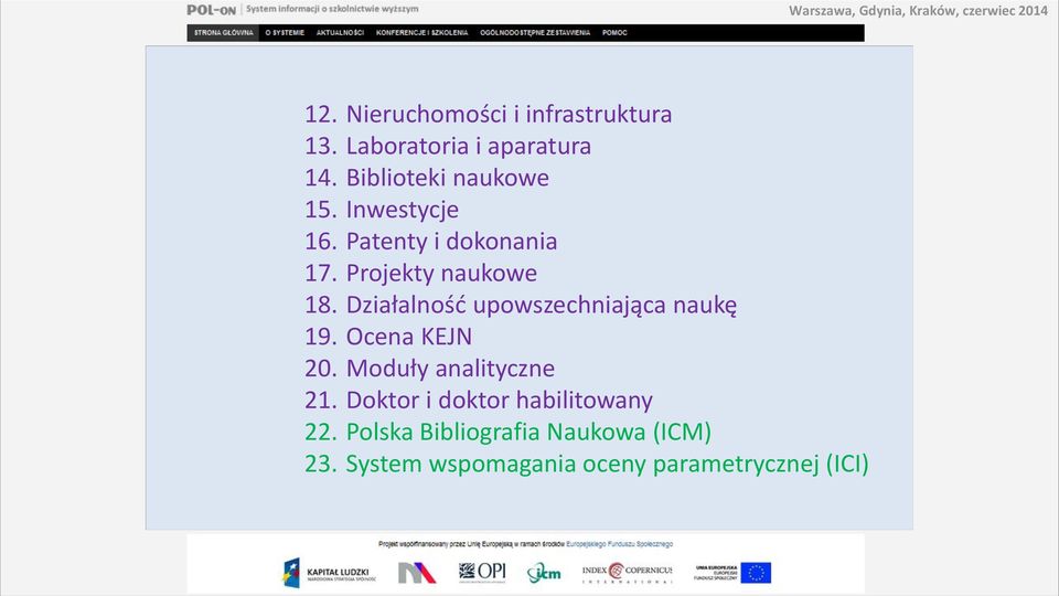 Działalność upowszechniająca naukę 19. Ocena KEJN 20. Moduły analityczne 21.