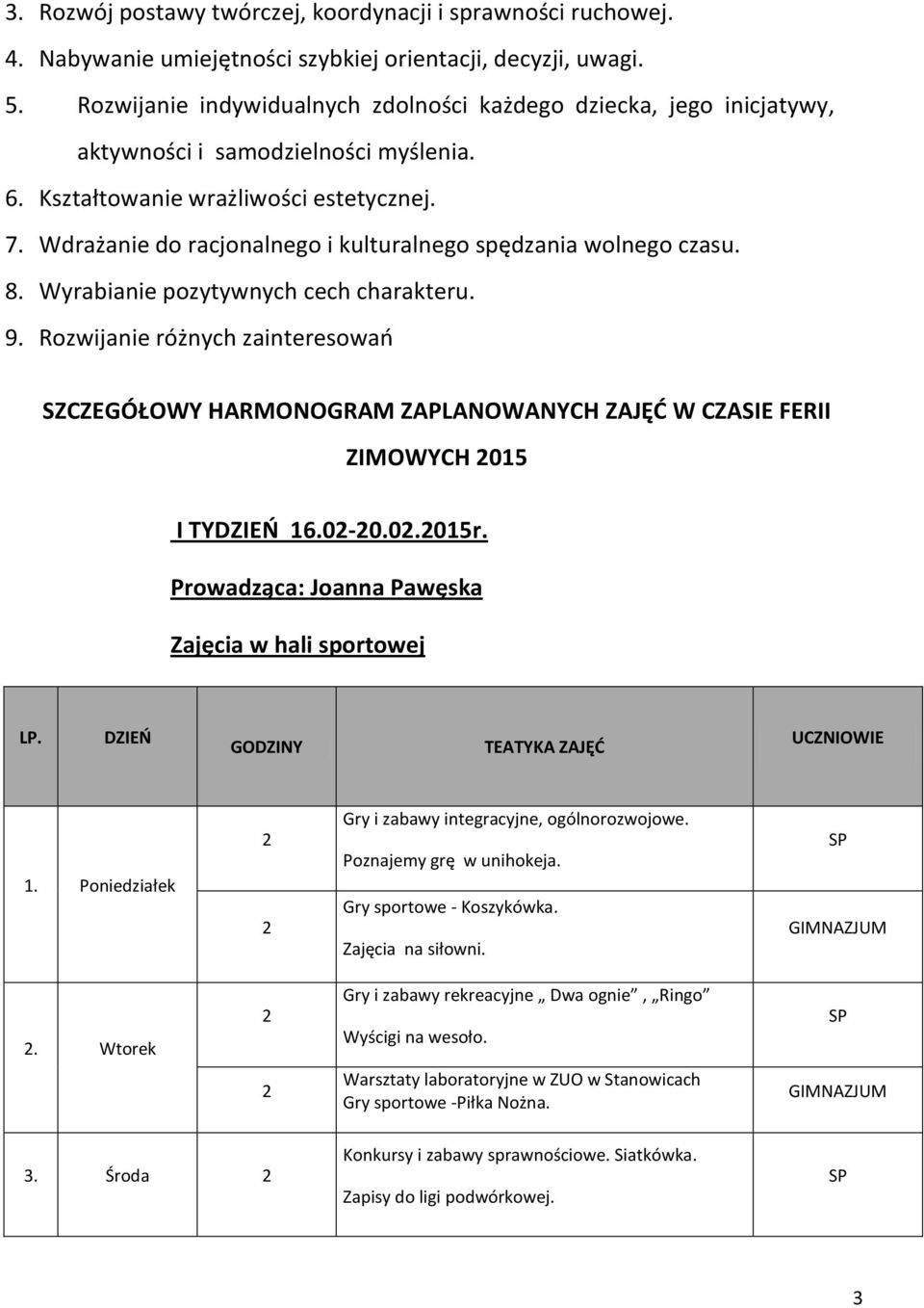 Wdrażanie do racjonalnego i kulturalnego spędzania wolnego czasu. 8. Wyrabianie pozytywnych cech charakteru. 9.