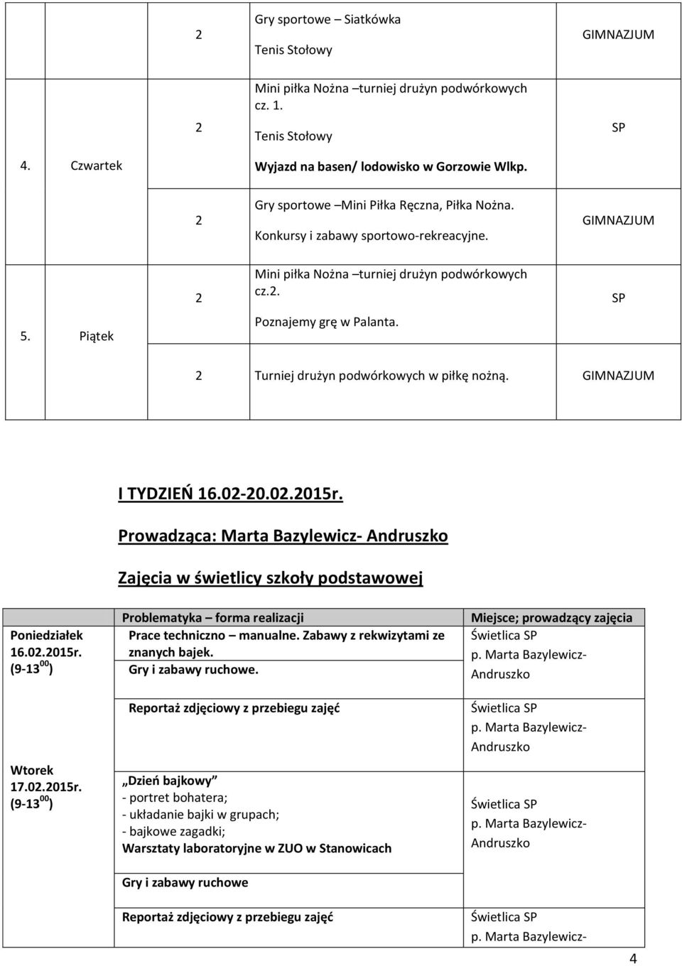 Turniej drużyn podwórkowych w piłkę nożną. I TYDZIEŃ 16.0-0.0.015r. Prowadząca: Marta Bazylewicz- Zajęcia w świetlicy szkoły podstawowej Poniedziałek 16.0.015r. Wtorek 17.0.015r. Problematyka forma realizacji Prace techniczno manualne.