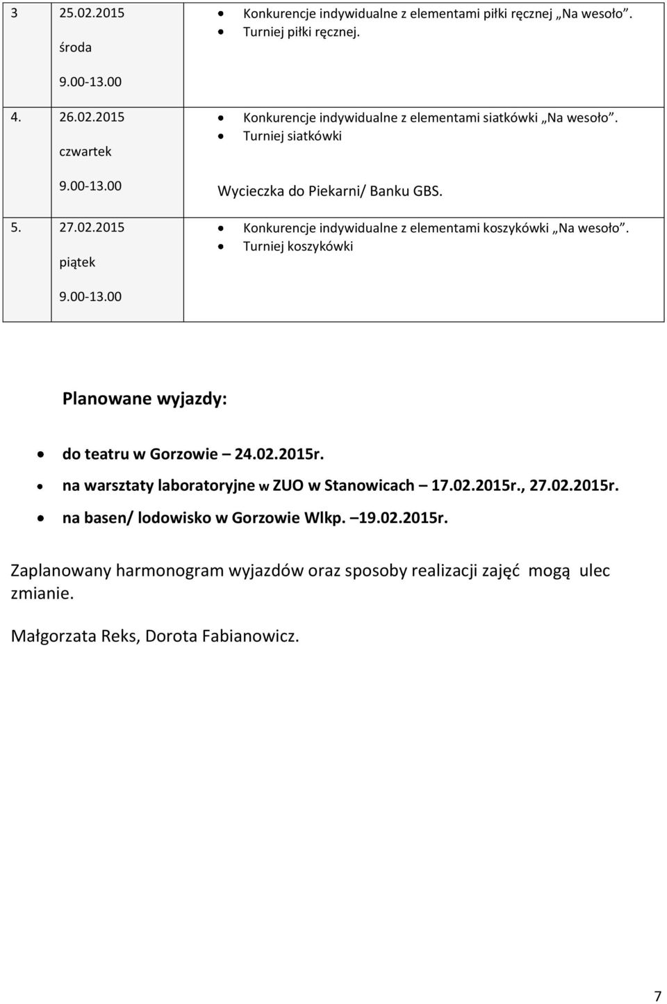 Turniej koszykówki Planowane wyjazdy: do teatru w Gorzowie 4.0.015r. na warsztaty laboratoryjne w ZUO w Stanowicach 17.0.015r., 7.0.015r. na basen/ lodowisko w Gorzowie Wlkp.
