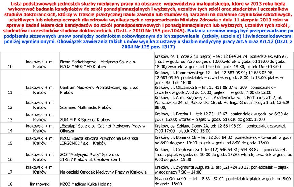 Ciepłownicza 1 NZOZ Medicus Kulka Holding, os. Urocze 2 (II piętro) tel: 12 644 24 74 poniedziałek, wtorek, środa w godz. od 7:30 do godz. 10:00,wtorek w godz. od 16:00 do godz. 18:00,czwartek w godz.