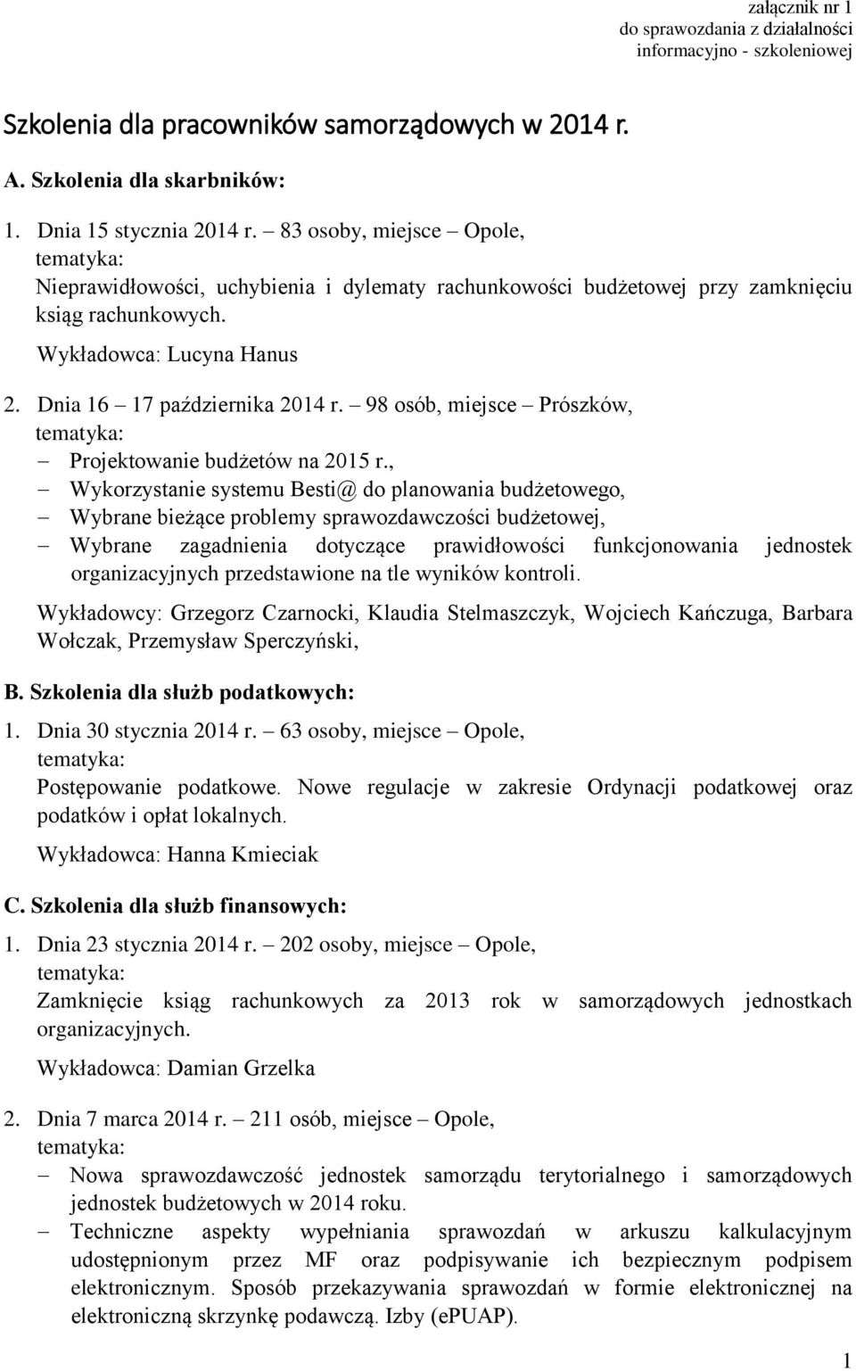 98 osób, miejsce Prószków, Projektowanie budżetów na 2015 r.