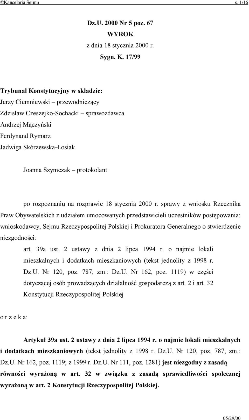 protokolant: po rozpoznaniu na rozprawie 18 stycznia 2000 r.