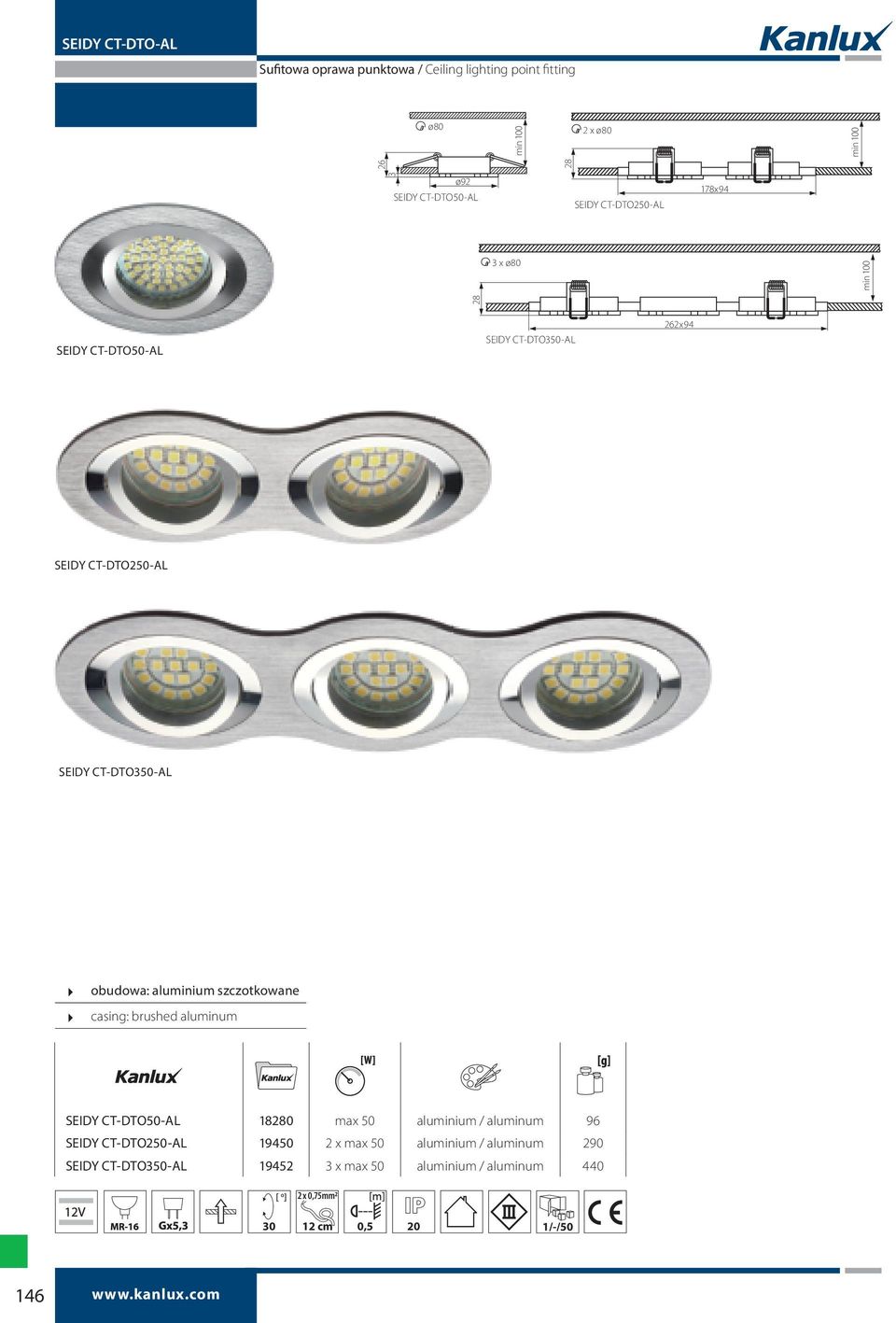 aluminium szczotkowane casing: brushed aluminum SEIDY CT-DTO50-AL 18280 max 50 aluminium / aluminum 96 SEIDY CT-DTO250-AL 19450 2